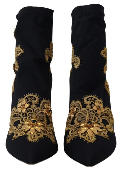 Dolce & Gabbana Chaussures Bottines Noires à Broderies Dorées et Cristaux