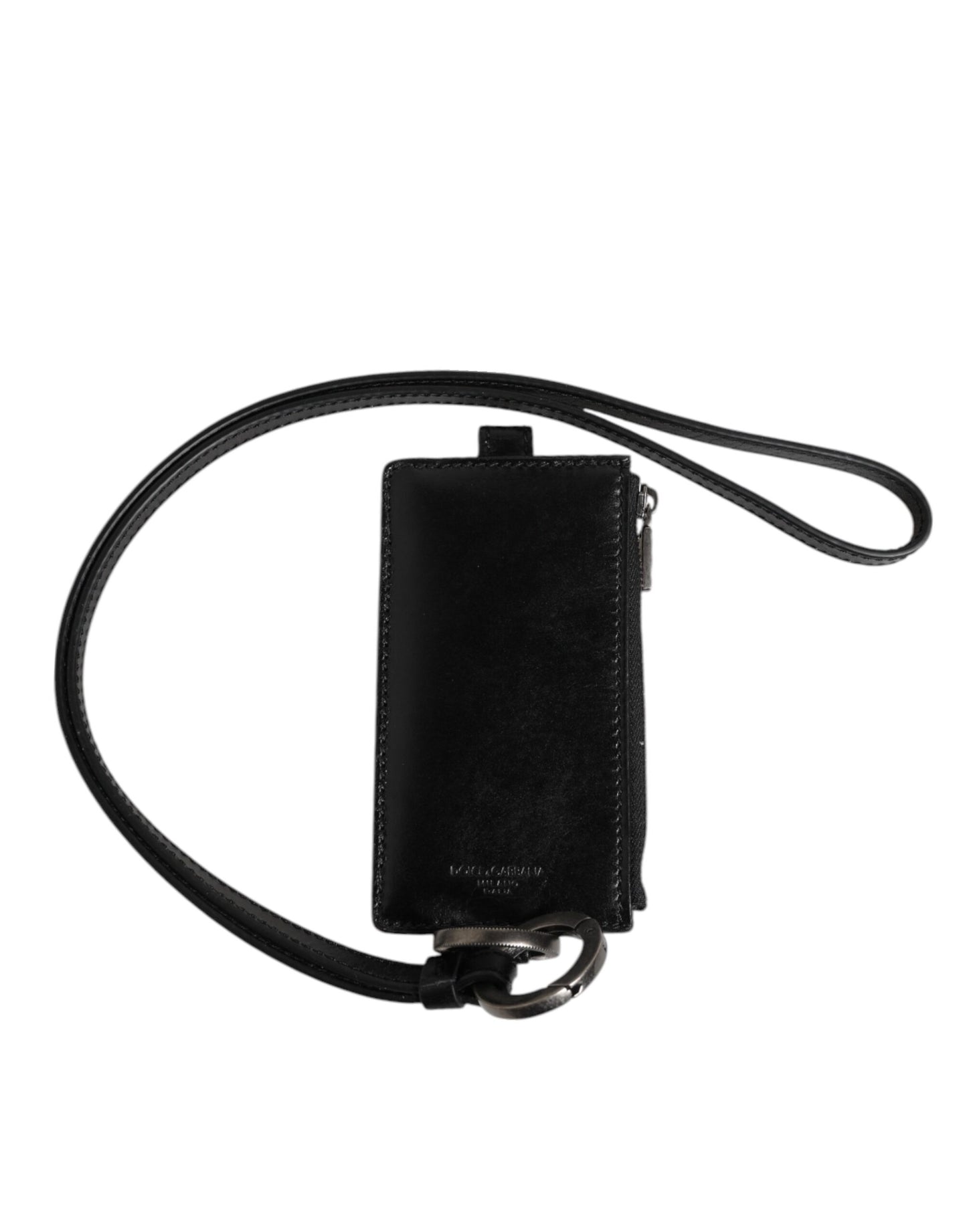 Tarjetero tipo cartera con cordón de cuero negro con logo grabado de Dolce & Gabbana