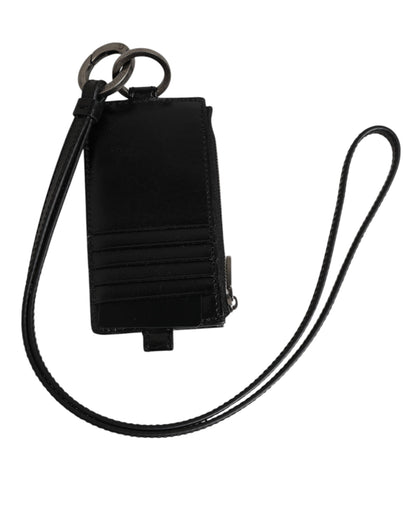 Tarjetero tipo cartera con cordón de cuero negro con logo grabado de Dolce & Gabbana