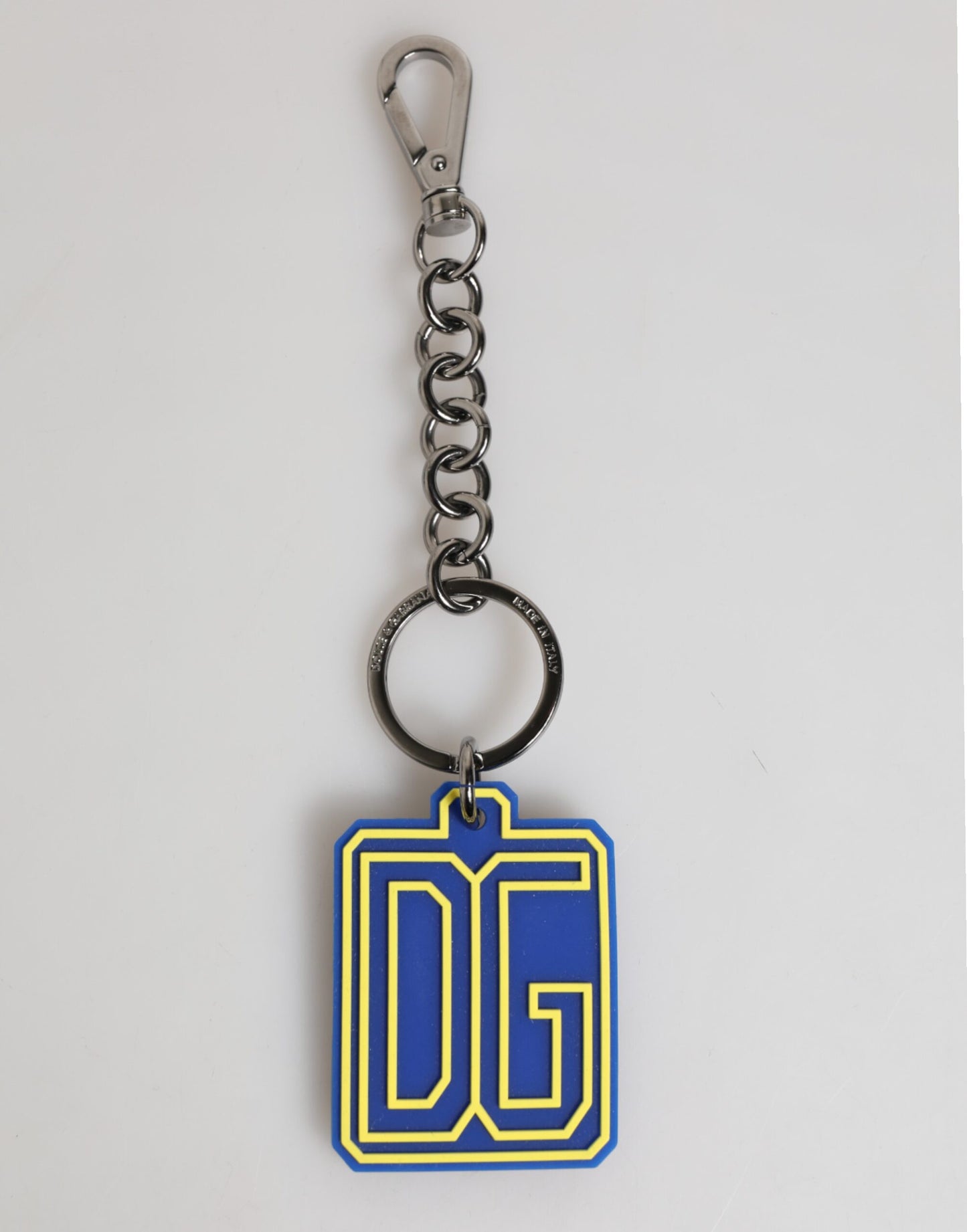 Dolce & Gabbana Llavero para hombre, de plata, con logotipo de goma DG, azul y amarillo