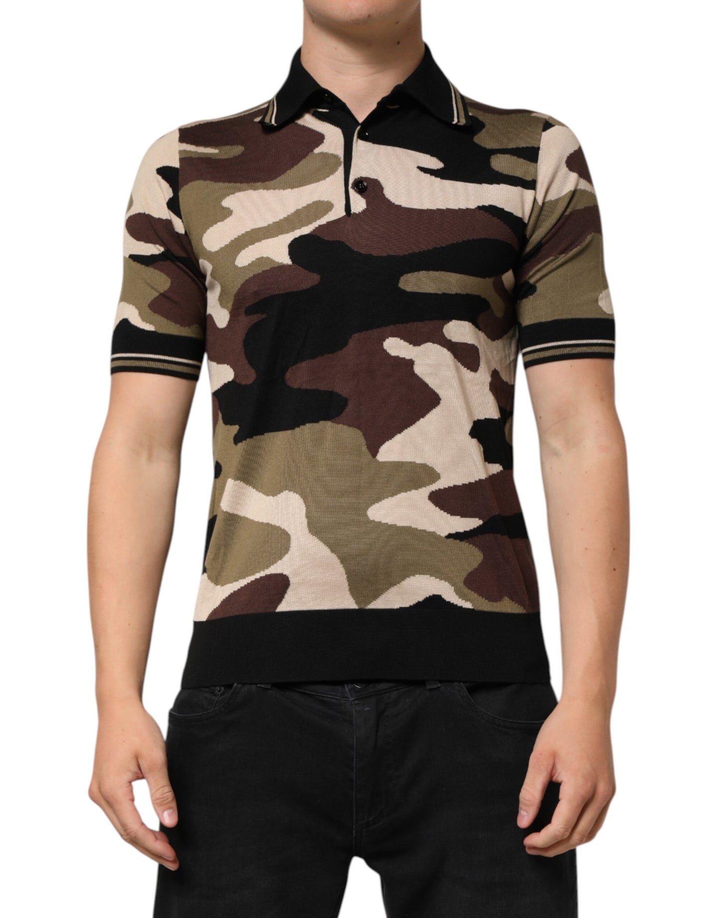 Camiseta polo militar de seda marrón con camuflaje de Dolce & Gabbana