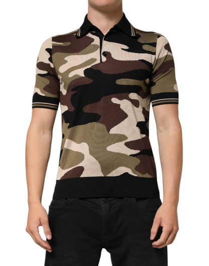 Camiseta polo militar de seda marrón con camuflaje de Dolce & Gabbana
