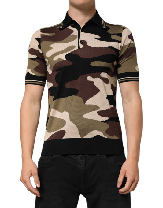 Camiseta polo militar de seda marrón con camuflaje de Dolce & Gabbana