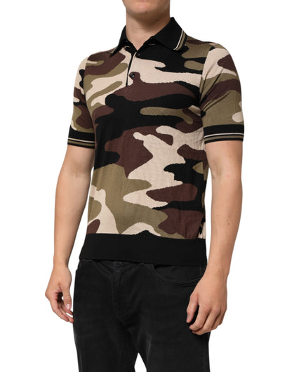 Camiseta polo militar de seda marrón con camuflaje de Dolce & Gabbana