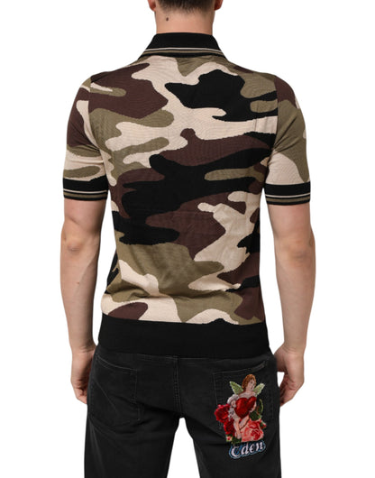 Camiseta polo militar de seda marrón con camuflaje de Dolce & Gabbana