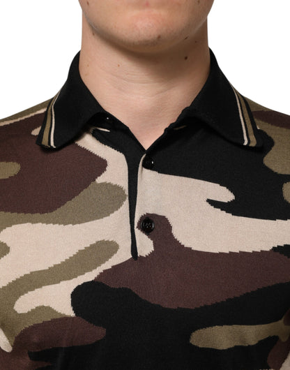 Camiseta polo militar de seda marrón con camuflaje de Dolce & Gabbana