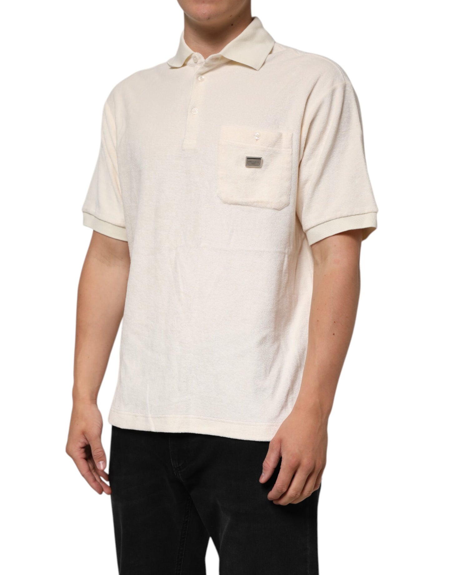 Polo de algodón de rizo color marfil con bolsillo y logotipo de Dolce & Gabbana