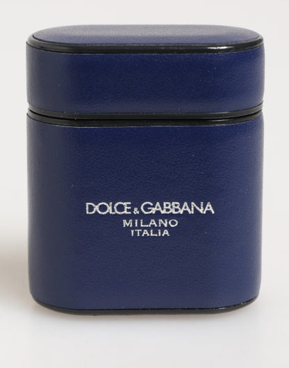 Estuche para Airpods de hombre Dolce & Gabbana de cuero azul con logo estampado