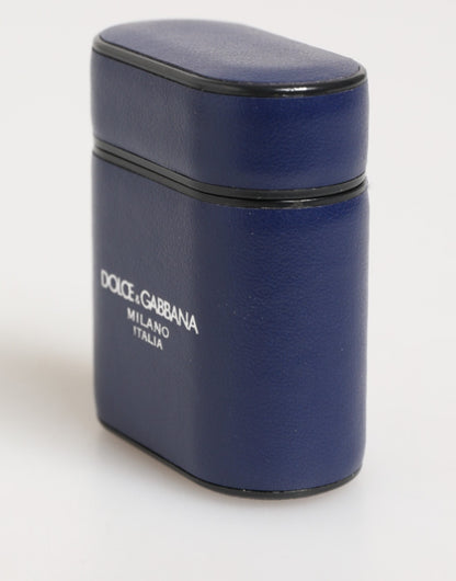 Estuche para Airpods de hombre Dolce & Gabbana de cuero azul con logo estampado