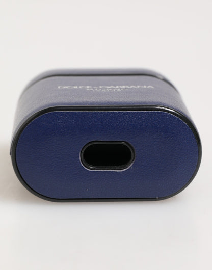 Estuche para Airpods de hombre Dolce & Gabbana de cuero azul con logo estampado