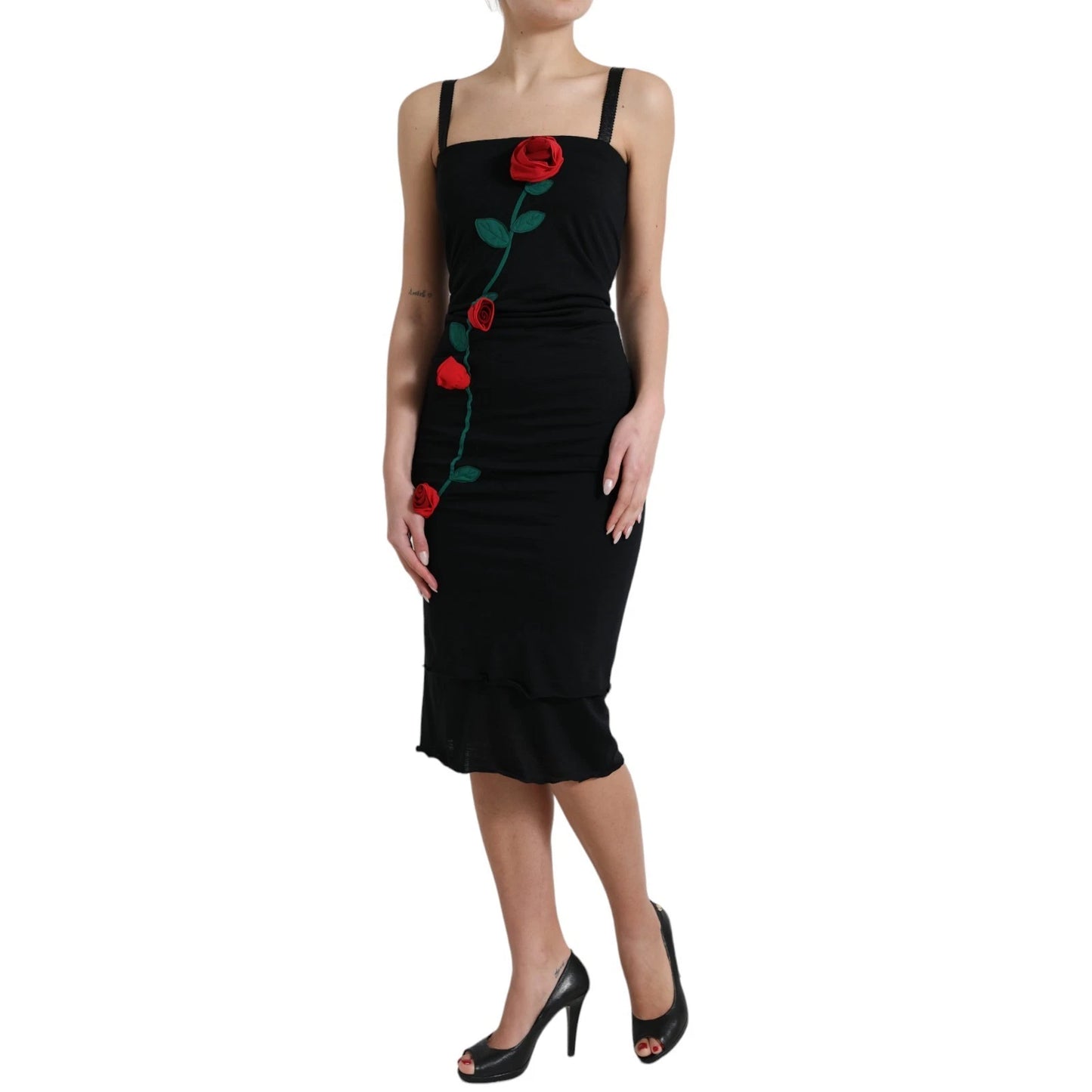 Vestido sin mangas Dolce & Gabbana de lana negra con aplicaciones de rosas