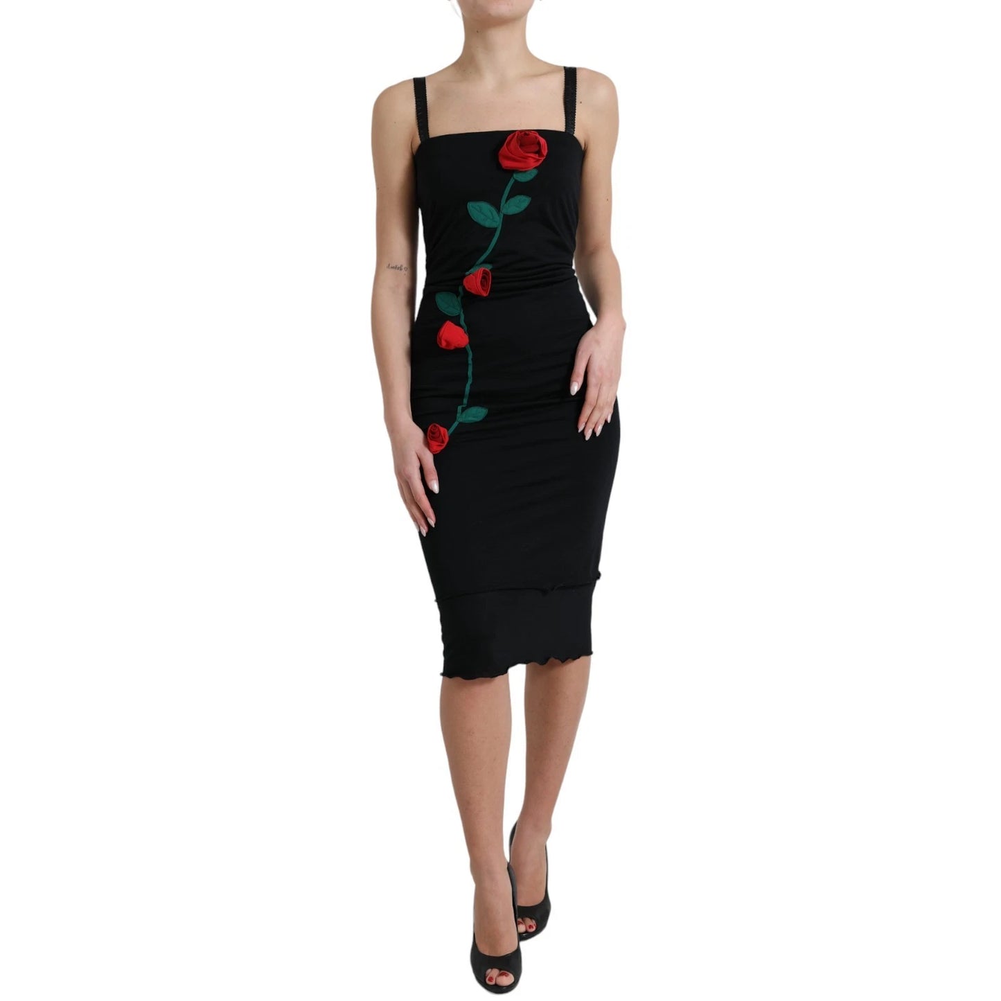 Vestido sin mangas Dolce & Gabbana de lana negra con aplicaciones de rosas