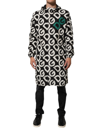Dolce & Gabbana Negro Blanco Logo Estampado Abrigo con Capucha Chaqueta para Hombre