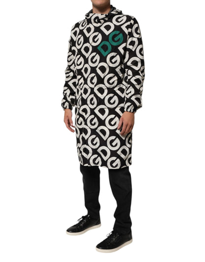 Dolce & Gabbana Negro Blanco Logo Estampado Abrigo con Capucha Chaqueta para Hombre