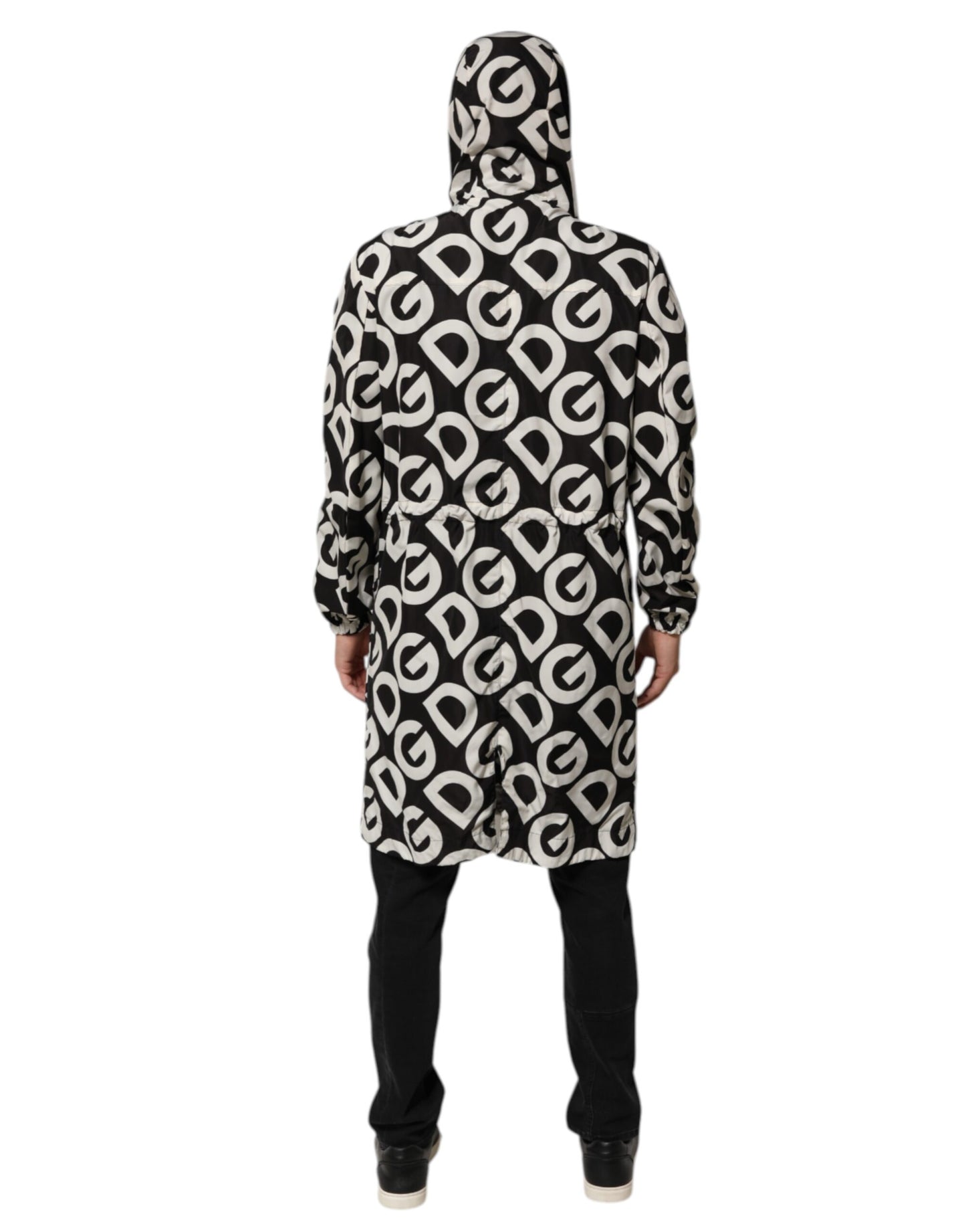 Dolce & Gabbana Negro Blanco Logo Estampado Abrigo con Capucha Chaqueta para Hombre