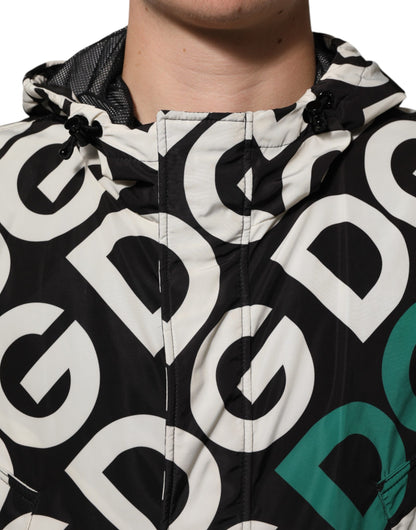 Dolce & Gabbana Negro Blanco Logo Estampado Abrigo con Capucha Chaqueta para Hombre