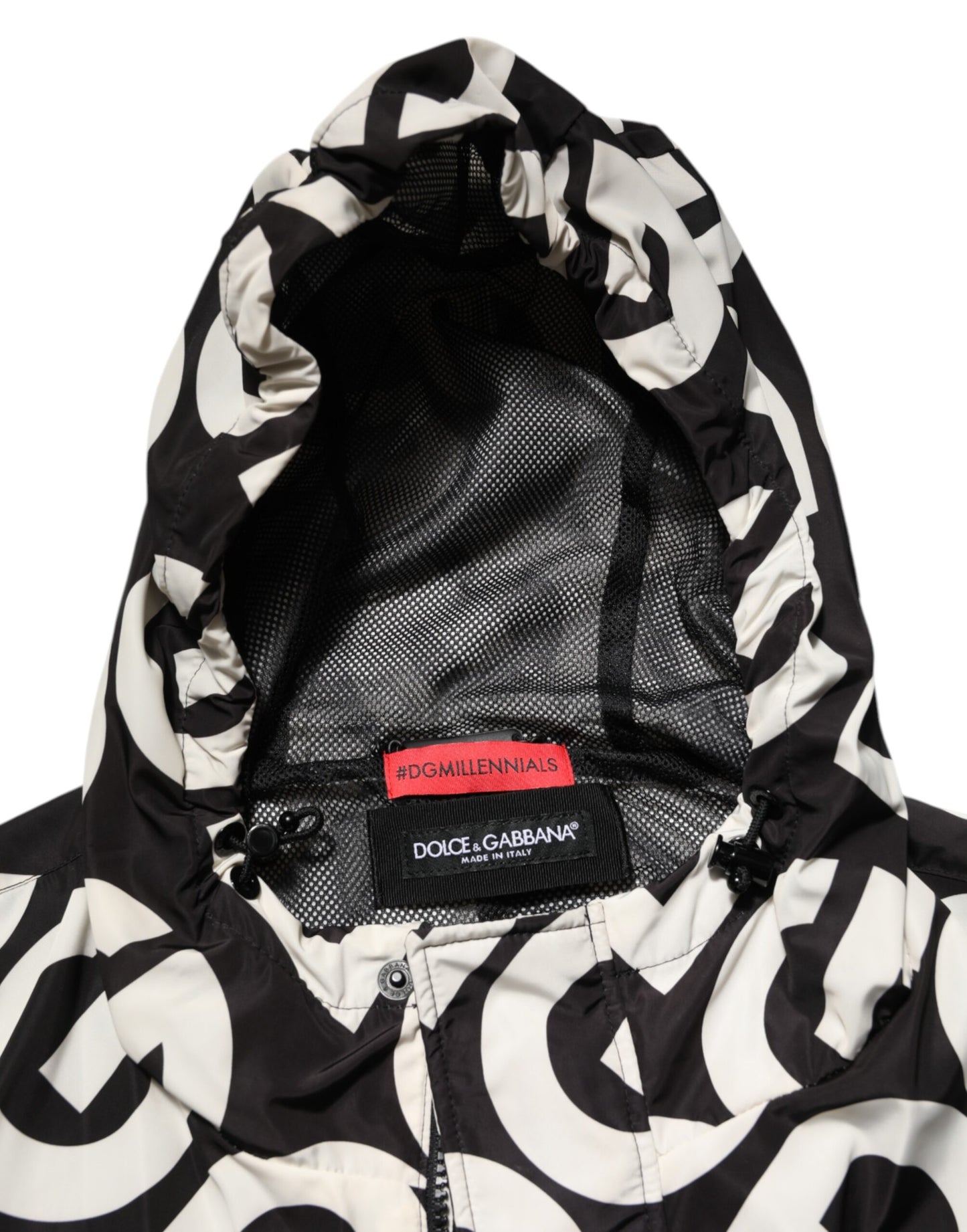 Dolce & Gabbana Negro Blanco Logo Estampado Abrigo con Capucha Chaqueta para Hombre