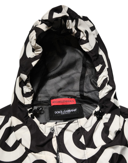 Dolce & Gabbana Negro Blanco Logo Estampado Abrigo con Capucha Chaqueta para Hombre
