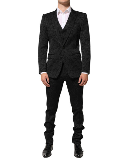 Traje Martini de 3 Piezas de Brocado Jacquard Negro Dolce & Gabbana