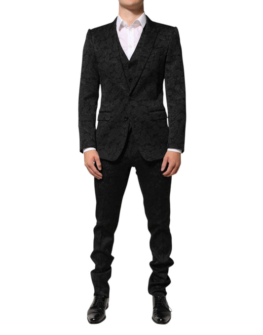 Traje Martini de 3 Piezas de Brocado Jacquard Negro Dolce & Gabbana