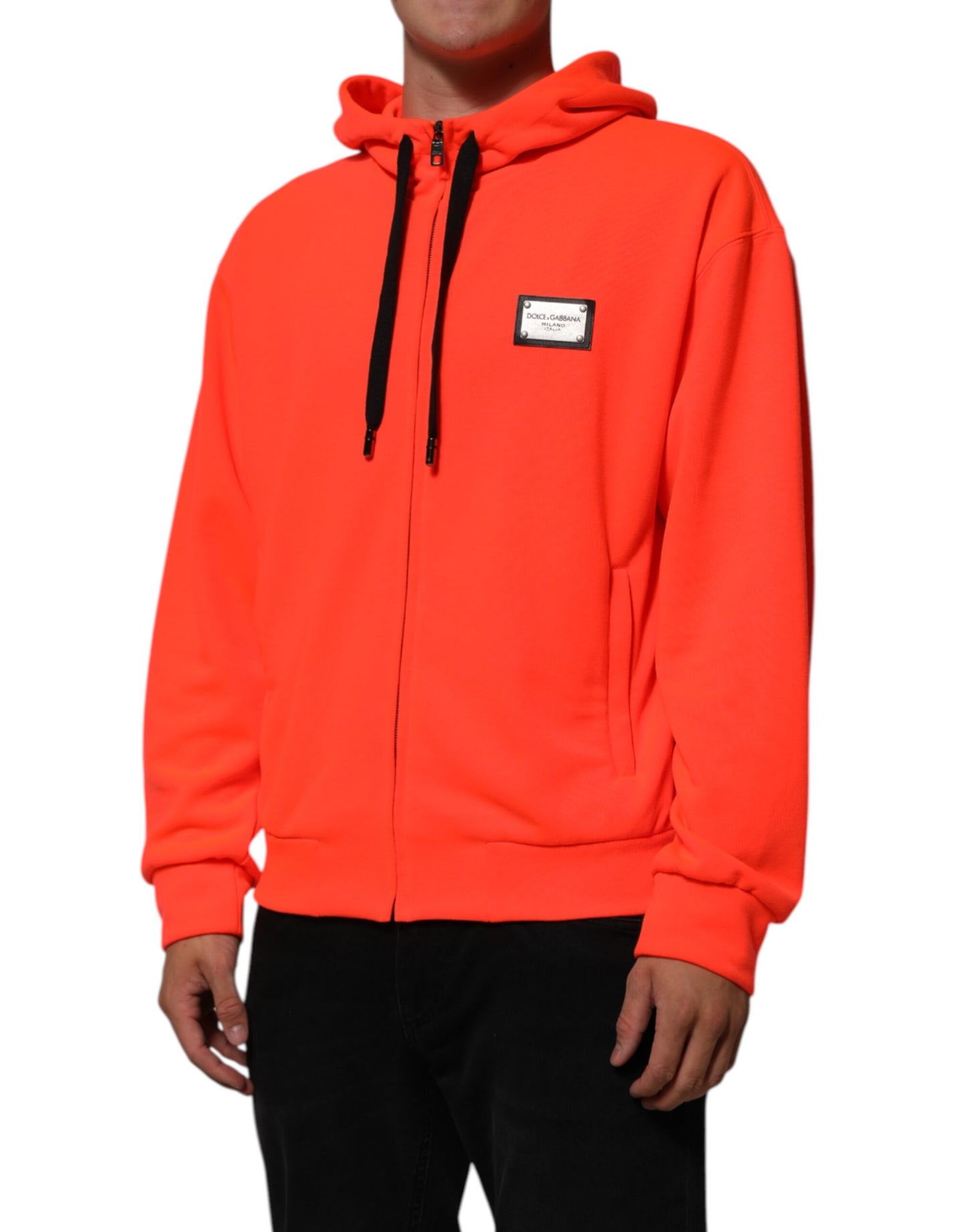 Sudadera con capucha de poliéster fluorescente rojo con parche del logo de Dolce & Gabbana