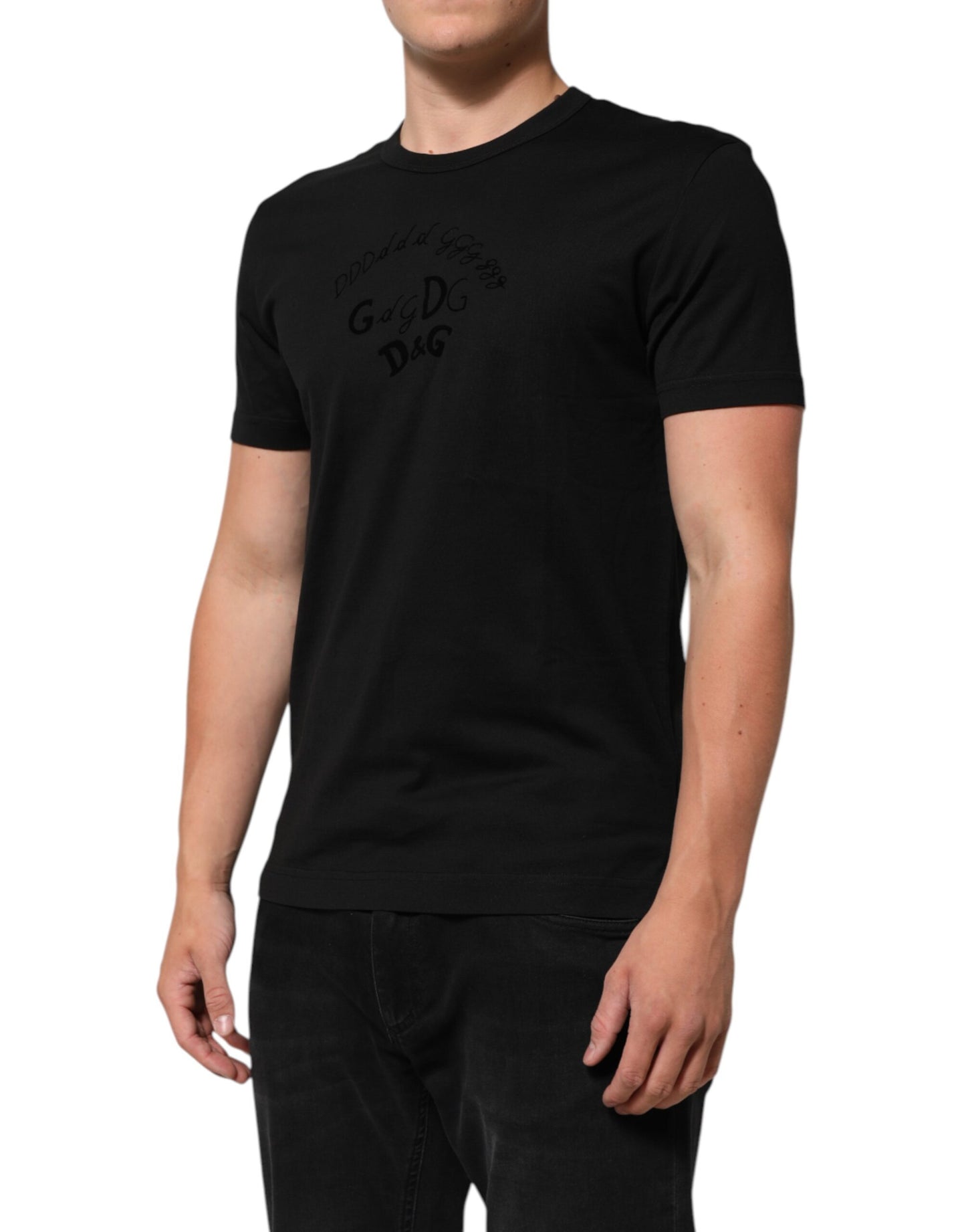 Dolce & Gabbana Camiseta de terciopelo de algodón negro con logo estampado para hombre