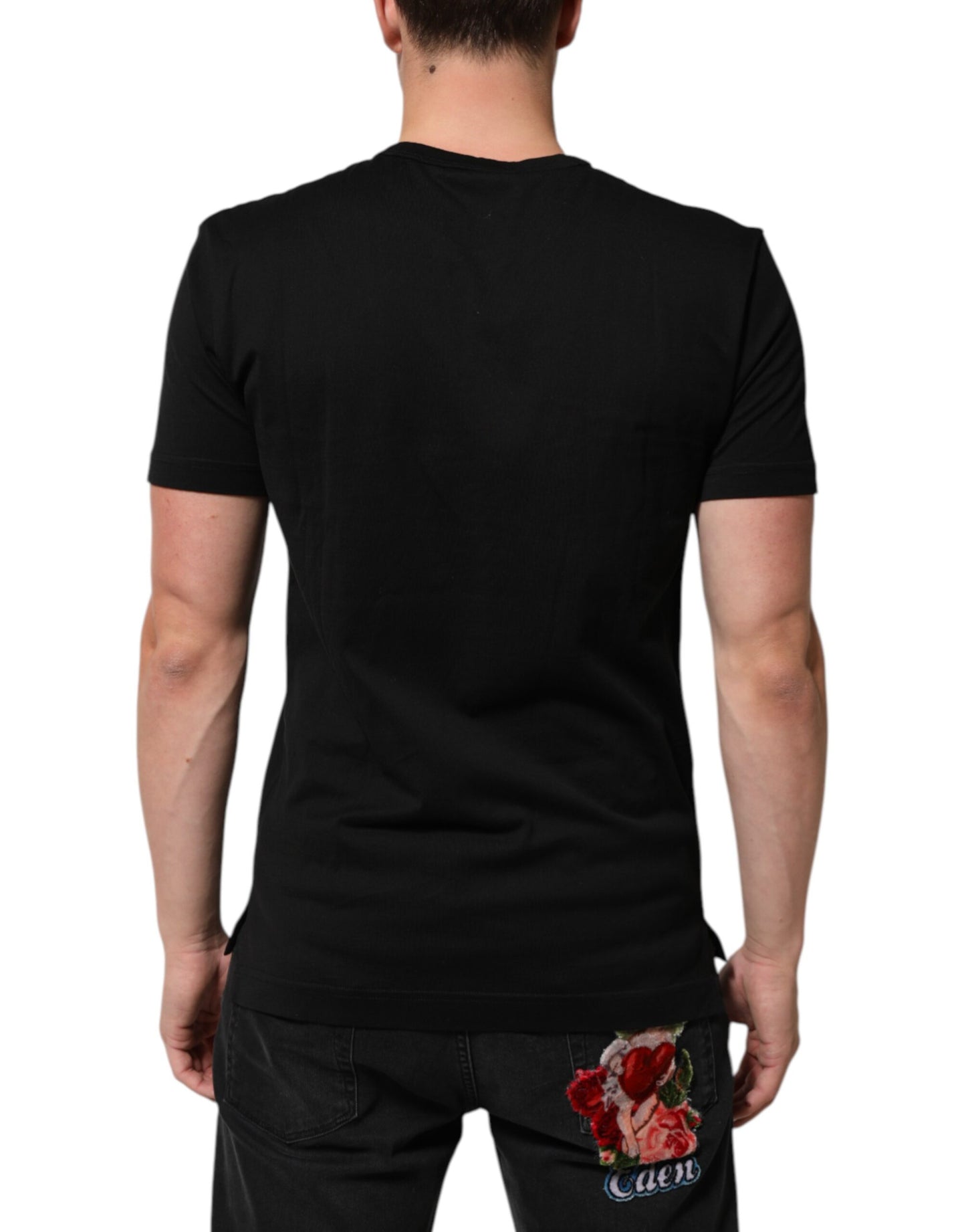 Dolce & Gabbana Camiseta de terciopelo de algodón negro con logo estampado para hombre