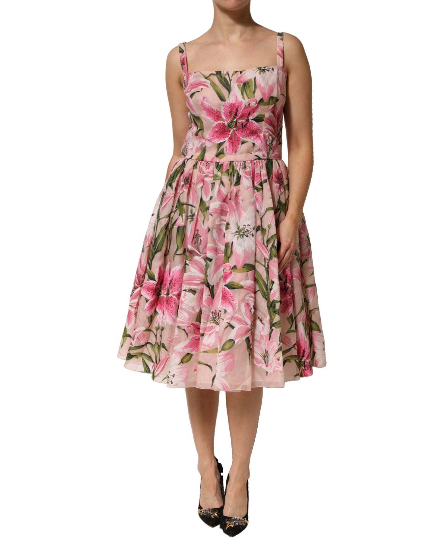 Vestido sin mangas midi con estampado floral de lirios de Dolce & Gabbana rosa