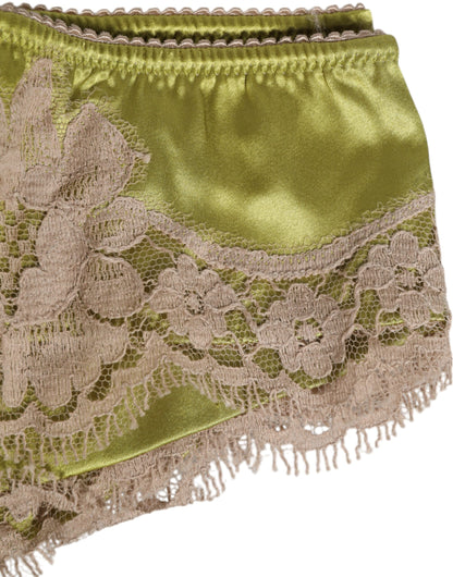 Dolce & Gabbana Lencería Nueva de Raso de Seda Verde con Ribete de Encaje