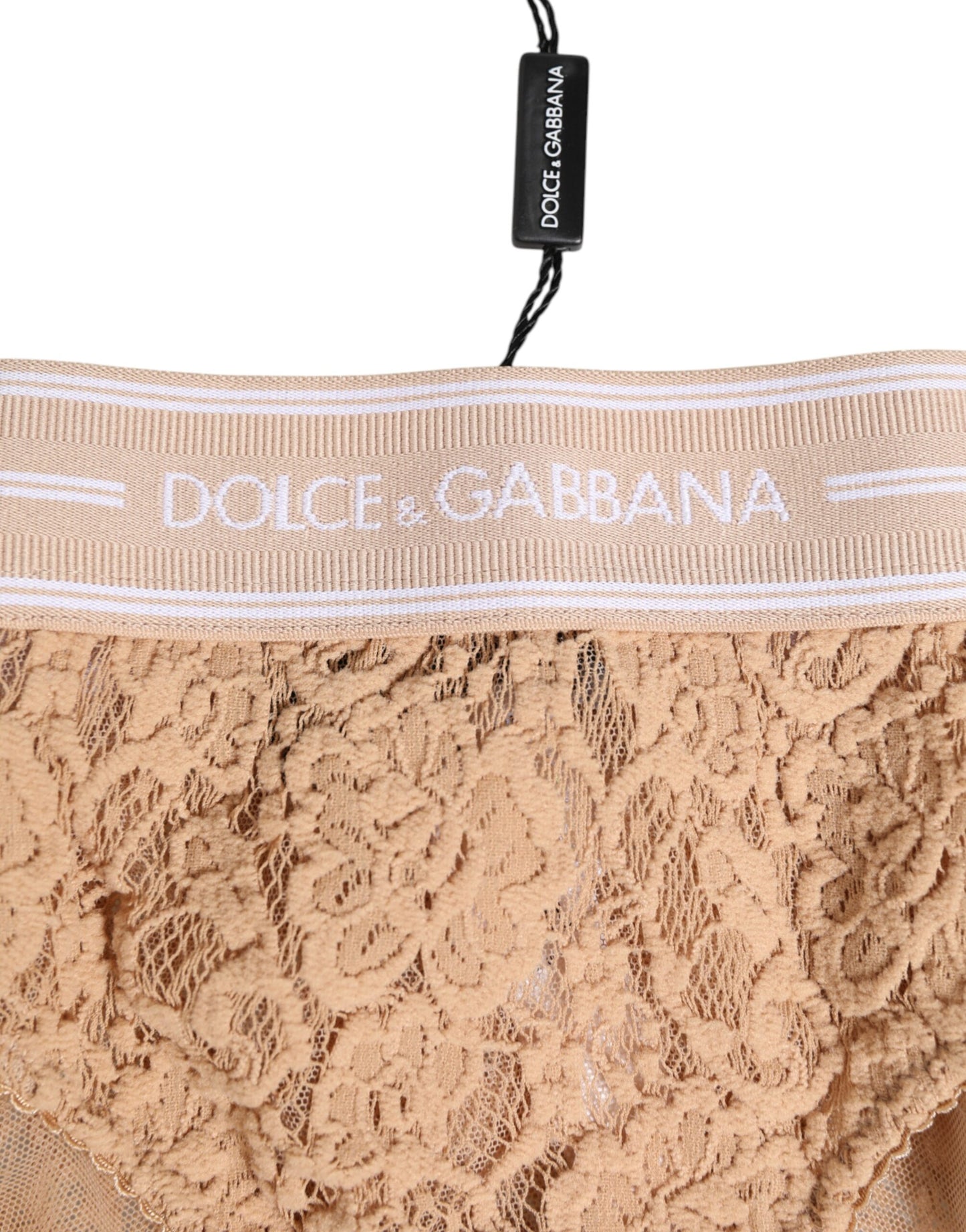 Dolce & Gabbana Bragas Brasileñas de Encaje Beige con Logotipo en la Cintura Ropa Interior