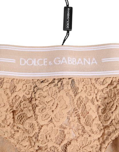 Dolce & Gabbana Bragas Brasileñas de Encaje Beige con Logotipo en la Cintura Ropa Interior