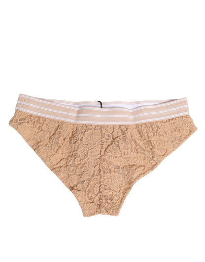 Dolce & Gabbana Bragas Brasileñas de Encaje Beige con Logotipo en la Cintura Ropa Interior