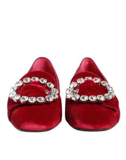 Zapatos planos Mocasines de terciopelo rojo con hebilla de cristal de Dolce & Gabbana