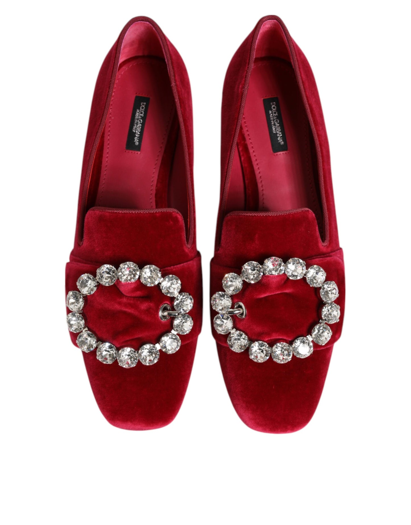 Zapatos planos Mocasines de terciopelo rojo con hebilla de cristal de Dolce & Gabbana