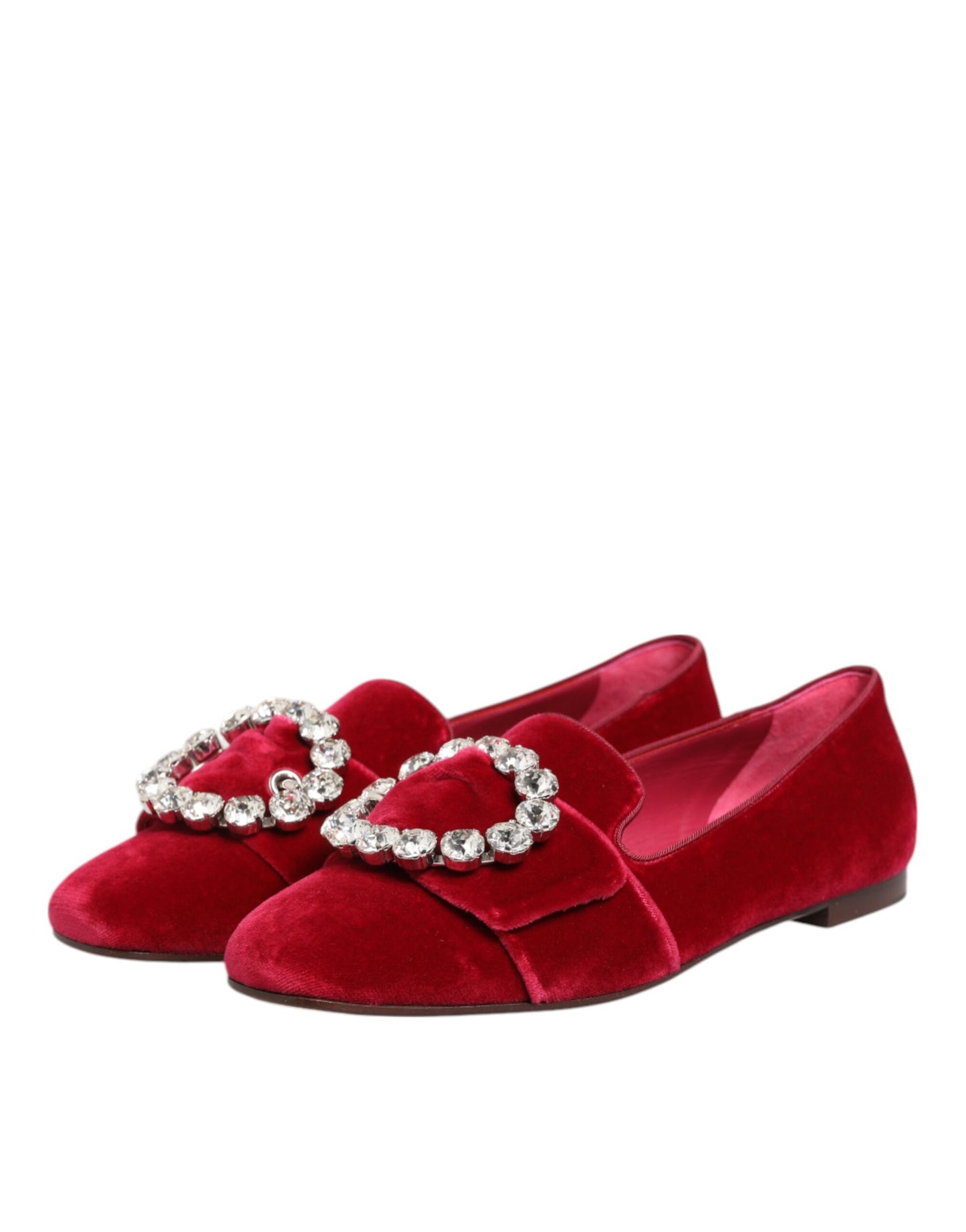 Zapatos planos Mocasines de terciopelo rojo con hebilla de cristal de Dolce & Gabbana