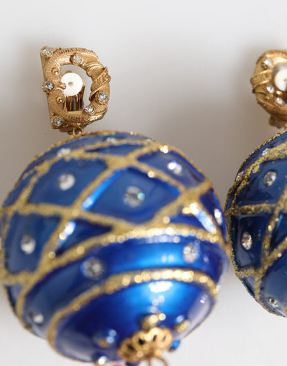 Pendientes de clip Dolce & Gabbana de latón dorado con bola de Navidad azul y cristales en forma de gota