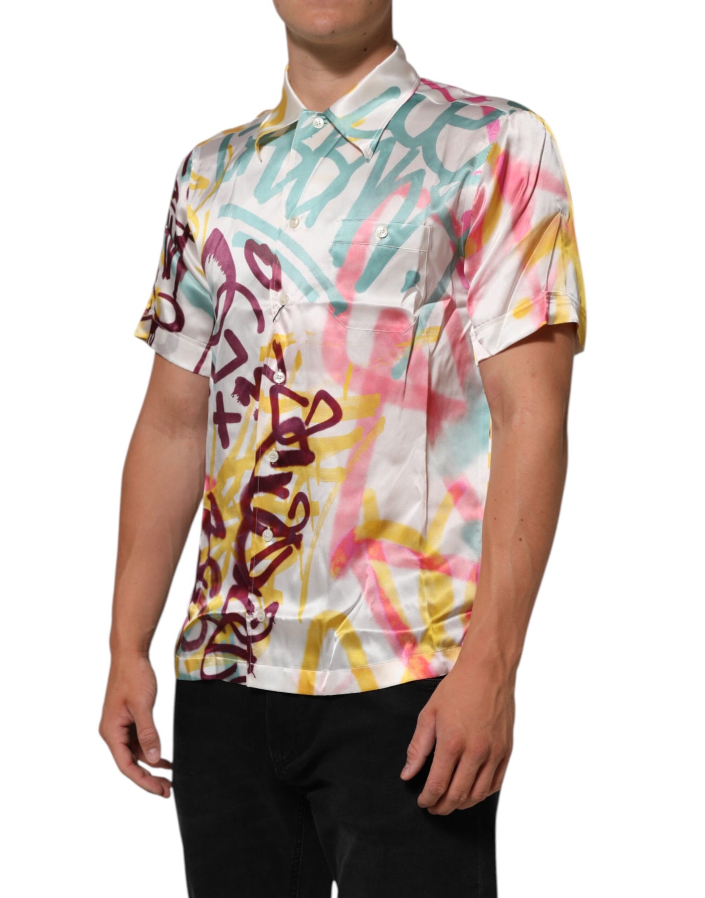 Camisa informal de hombre Dolce & Gabbana de seda blanca con estampado hawaiano de grafiti
