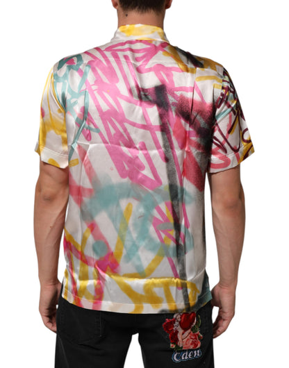 Camisa informal de hombre Dolce & Gabbana de seda blanca con estampado hawaiano de grafiti