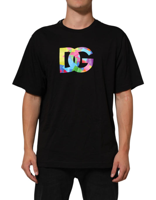 Dolce & Gabbana Camiseta de algodón negra de cuello redondo con logo estampado para hombre