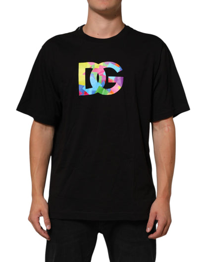Dolce & Gabbana Camiseta de algodón negra de cuello redondo con logo estampado para hombre