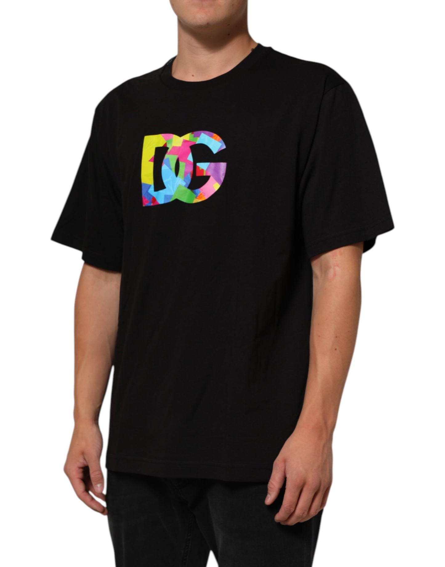 Dolce & Gabbana Camiseta de algodón negra de cuello redondo con logo estampado para hombre