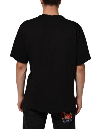 Dolce & Gabbana Camiseta de algodón negra de cuello redondo con logo estampado para hombre