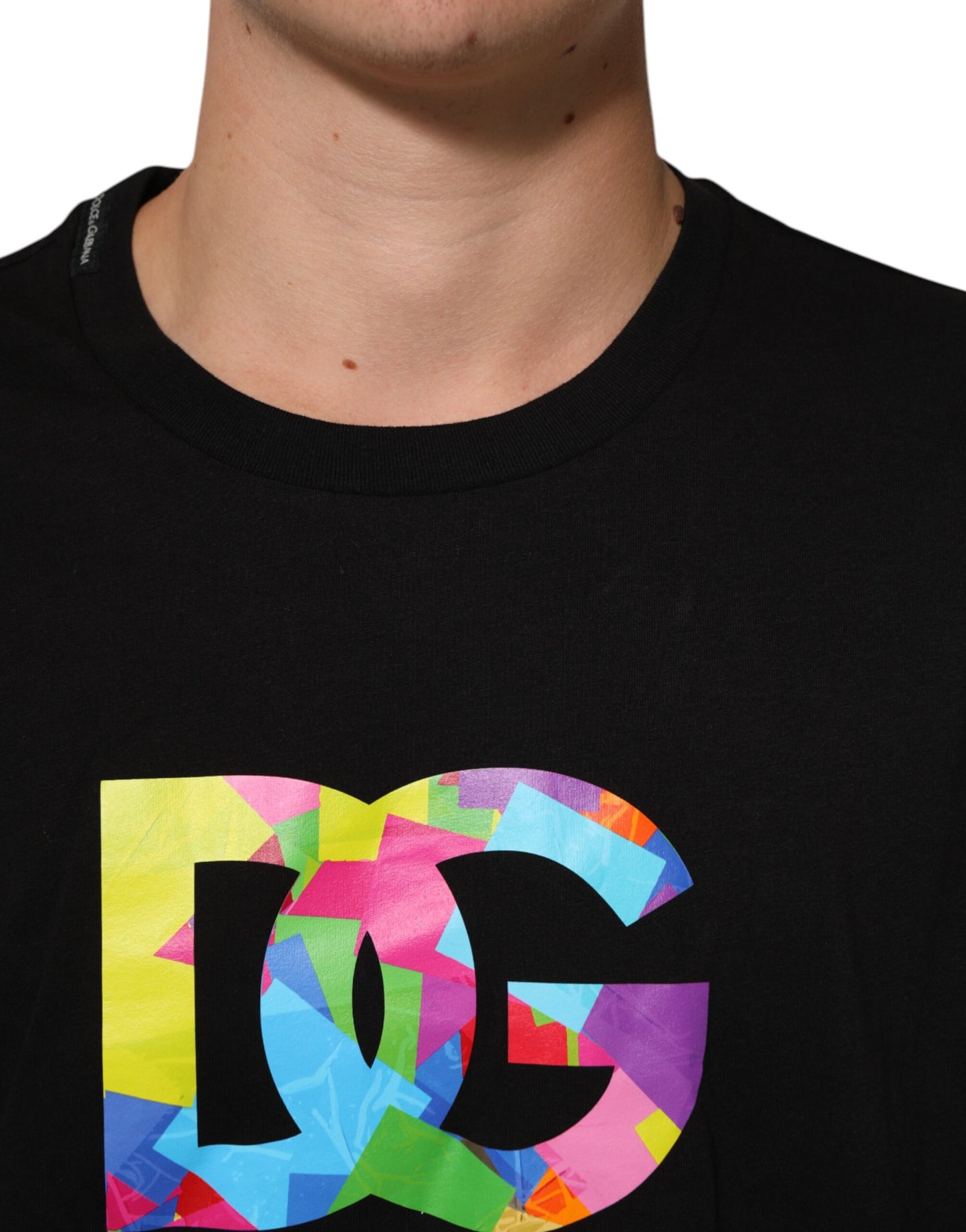 Dolce & Gabbana Camiseta de algodón negra de cuello redondo con logo estampado para hombre