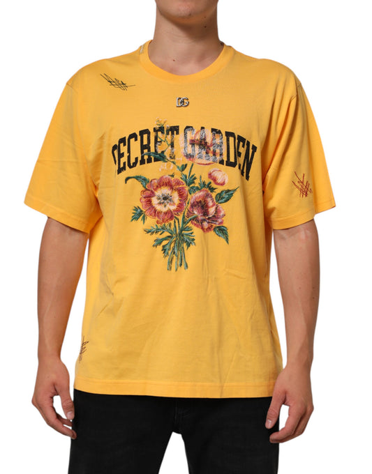 Camiseta de algodón con cuello redondo, estampado floral Yellow Secret Garden de Dolce & Gabbana