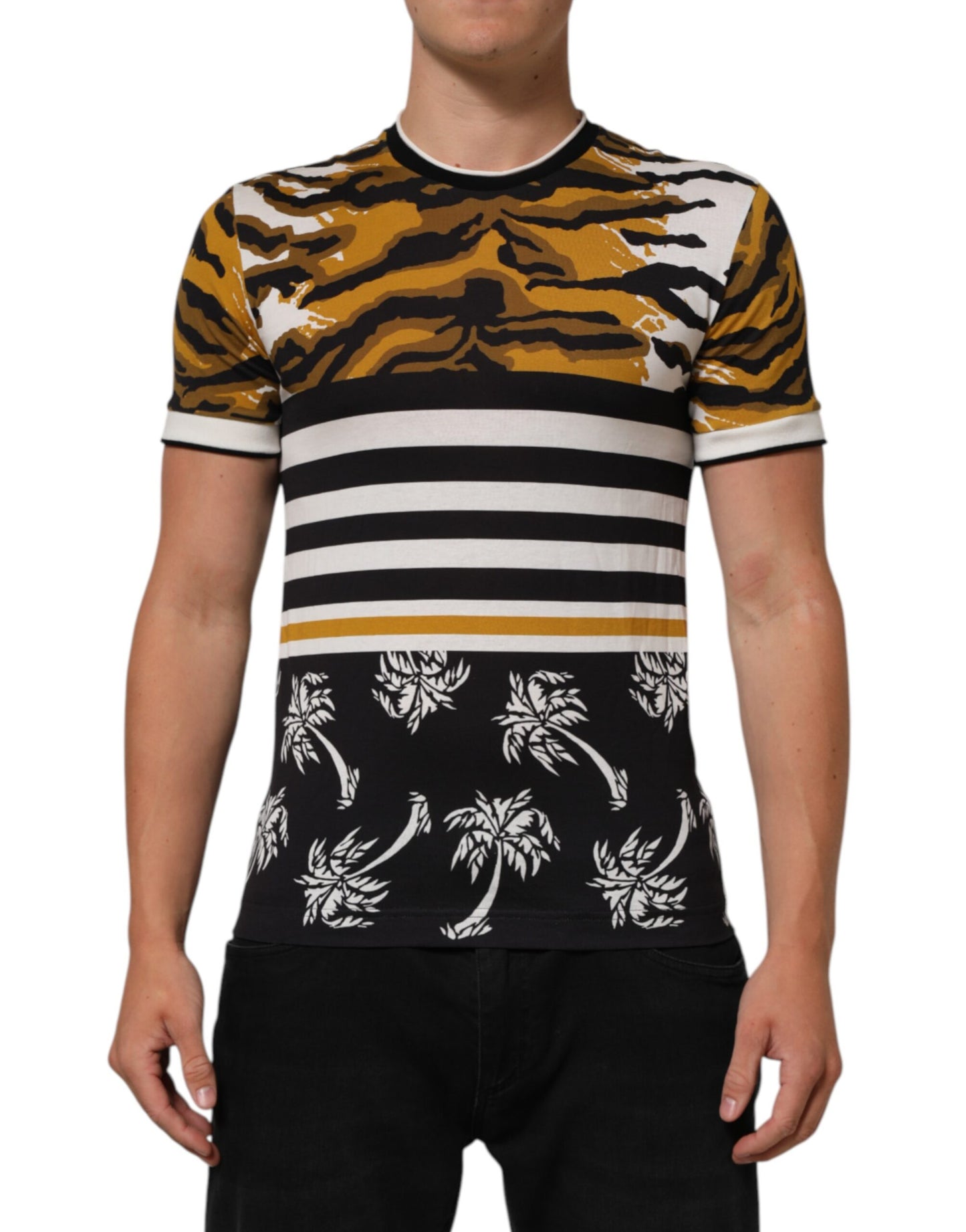 Camiseta Dolce & Gabbana de cuello redondo para hombre, con estampado de leopardo y hojas de palmera multicolor