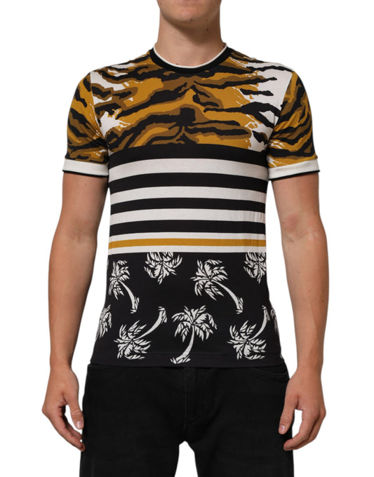 Camiseta Dolce & Gabbana de cuello redondo para hombre, con estampado de leopardo y hojas de palmera multicolor