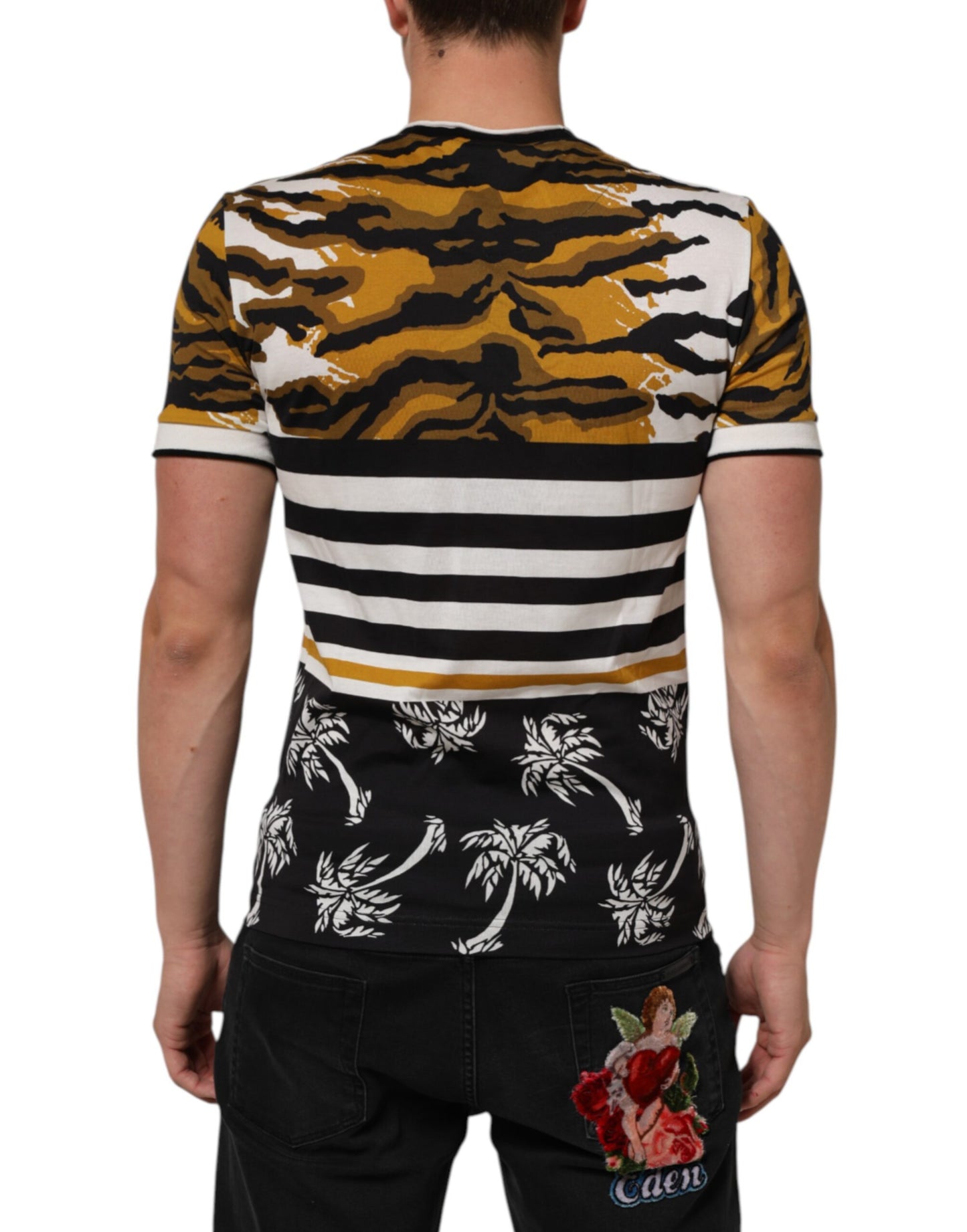 Camiseta Dolce & Gabbana de cuello redondo para hombre, con estampado de leopardo y hojas de palmera multicolor