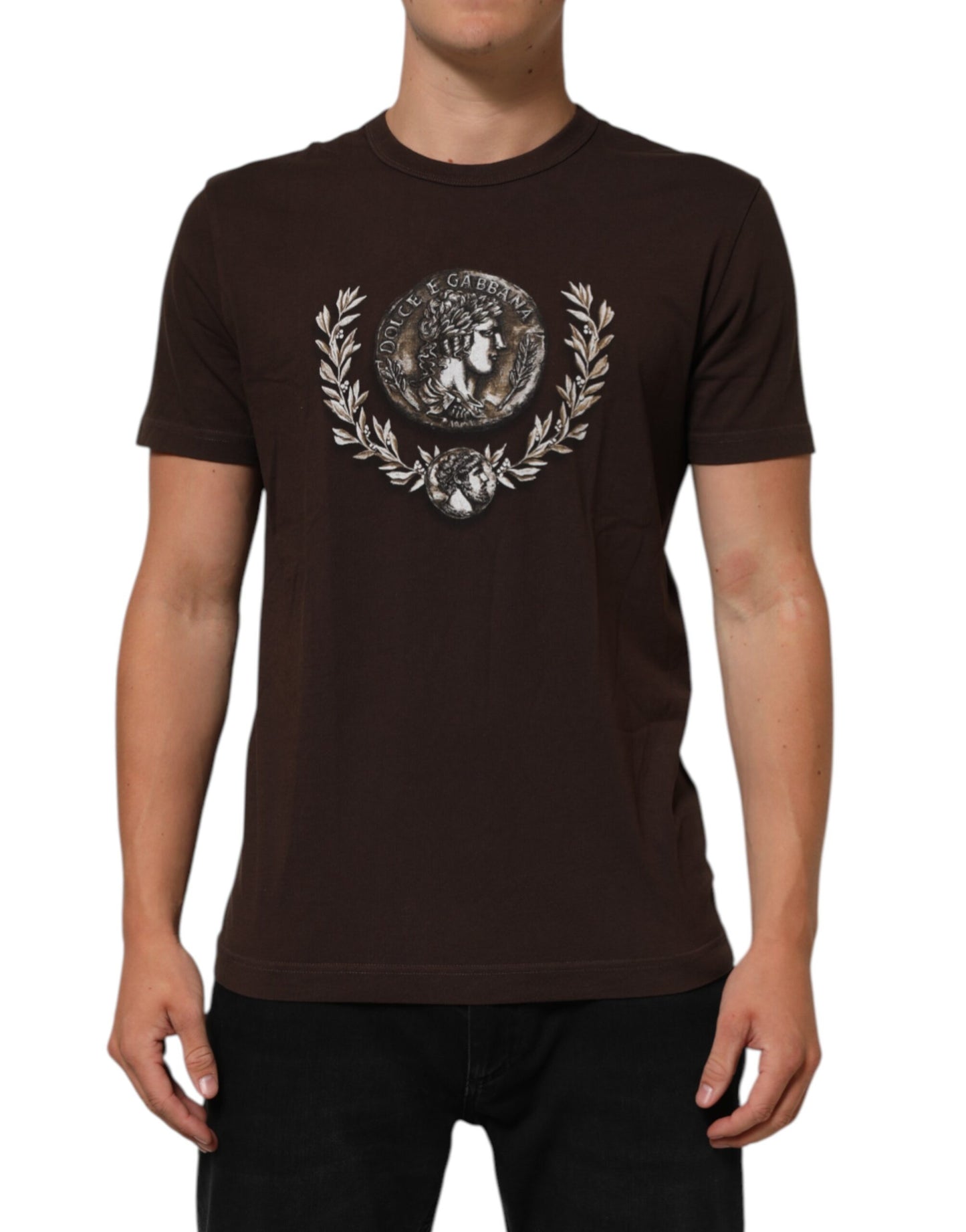 Dolce & Gabbana Camiseta de Hombre con Cuello Redondo y Estampado de Monedas Laurel Marrón