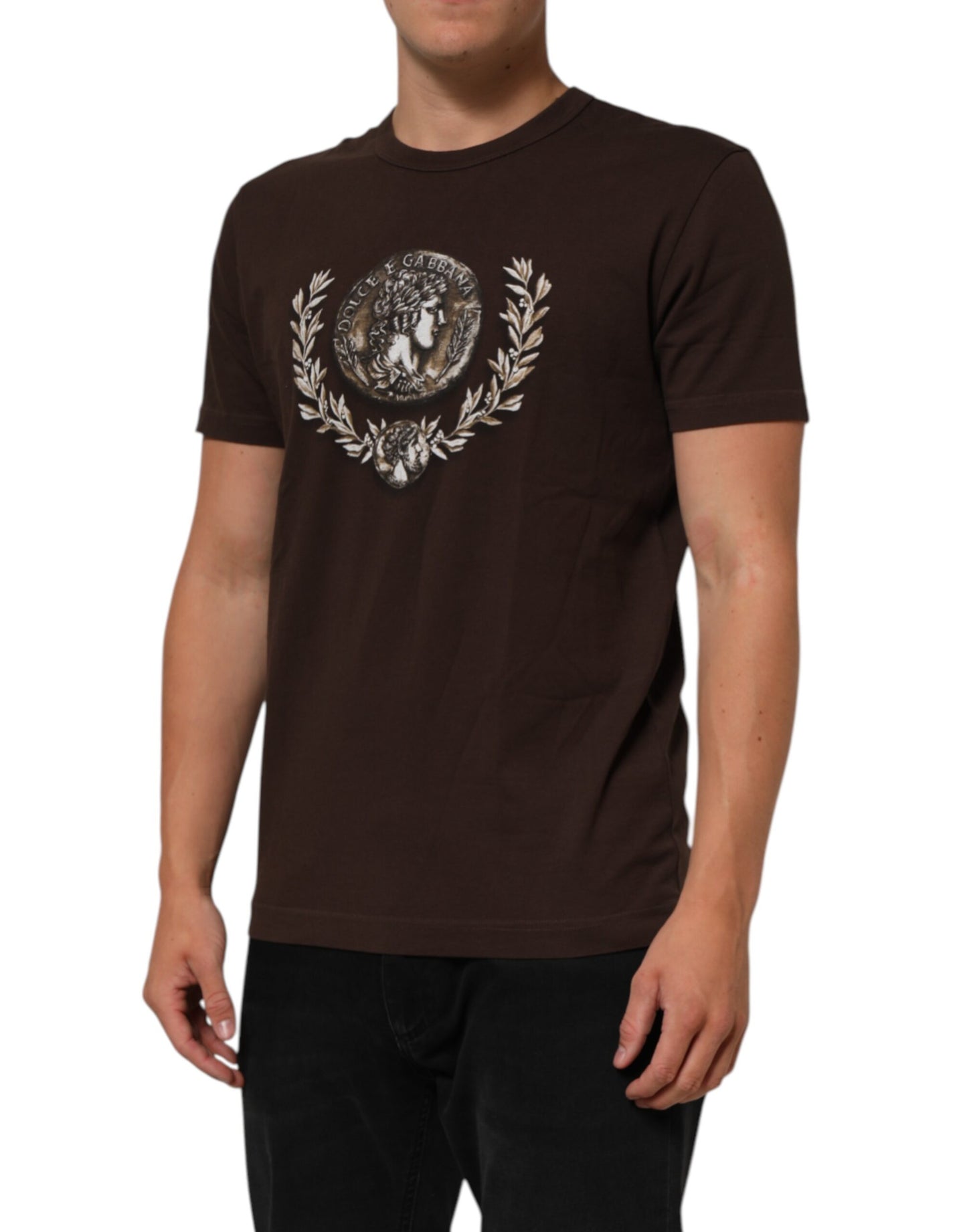 Dolce & Gabbana Camiseta de Hombre con Cuello Redondo y Estampado de Monedas Laurel Marrón