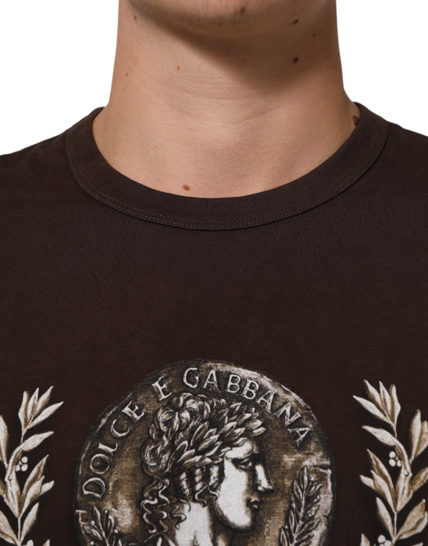 Dolce & Gabbana Camiseta de Hombre con Cuello Redondo y Estampado de Monedas Laurel Marrón